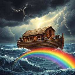 A dramatic scene depicting Noah's Ark during the Great Flood