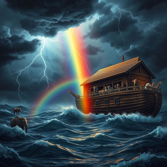 A dramatic scene depicting Noah's Ark during the Great Flood