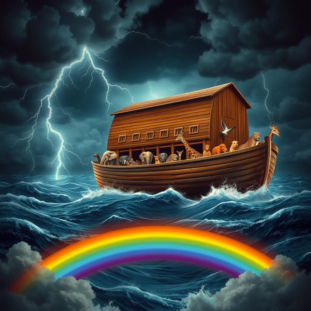 A dramatic scene depicting Noah's Ark during the Great Flood