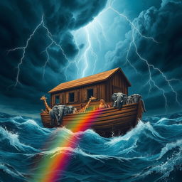 A dramatic scene depicting Noah's Ark during the Great Flood