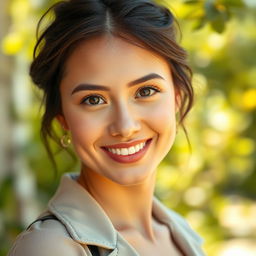 A stunning portrait of a person with clear, fair skin, bright eyes, and a confident smile