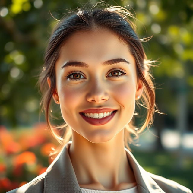 A stunning portrait of a person with clear, fair skin, bright eyes, and a confident smile