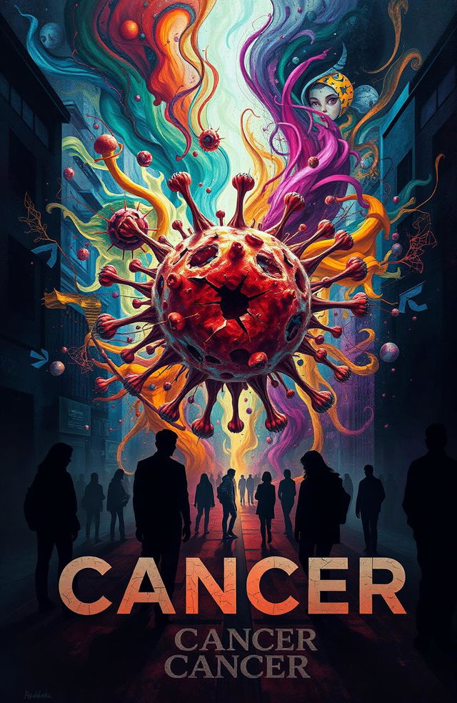 A surreal representation of the word 'cancer' through visual metaphors in a vivid and abstract style