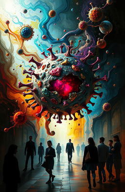 A surreal representation of the word 'cancer' through visual metaphors in a vivid and abstract style