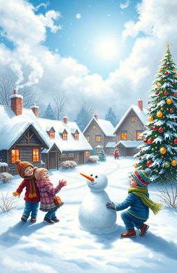 A picturesque winter landscape titled 'THE SEASON OF JOY by Ritik Mishra', depicting a serene snowy scene in a charming village