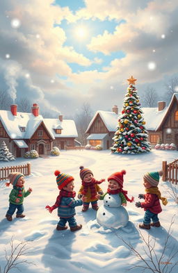A picturesque winter landscape titled 'THE SEASON OF JOY by Ritik Mishra', depicting a serene snowy scene in a charming village