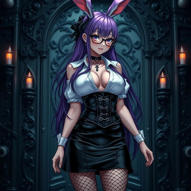 A sexy gothic anime bunny girl with long, luxurious purple hair styled dramatically and accented by fashionable glasses