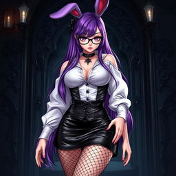 A sexy gothic anime bunny girl with long, luxurious purple hair styled dramatically and accented by fashionable glasses