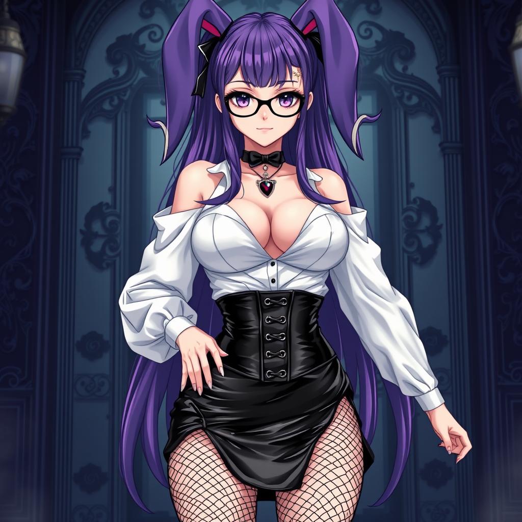 A sexy gothic anime bunny girl with long, luxurious purple hair styled dramatically and accented by fashionable glasses