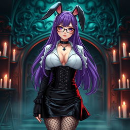 A sexy gothic anime bunny girl with long, luxurious purple hair styled dramatically and accented by fashionable glasses