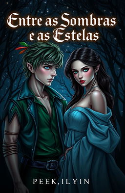 A visually captivating book cover for a dark romance fanfiction titled 'Entre as Sombras e as Estrelas'