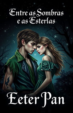 A visually captivating book cover for a dark romance fanfiction titled 'Entre as Sombras e as Estrelas'