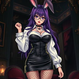 A sexy gothic anime bunny girl characterized by her long, vibrant purple hair styled dramatically, complemented by trendy glasses that add to her charm