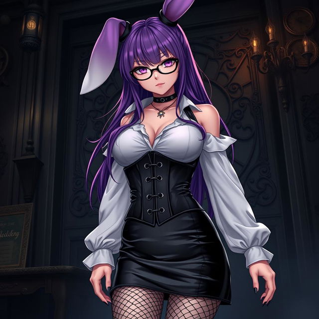 A sexy gothic anime bunny girl characterized by her long, vibrant purple hair styled dramatically, complemented by trendy glasses that add to her charm