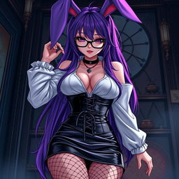 A sexy gothic anime bunny girl characterized by her long, vibrant purple hair styled dramatically, complemented by trendy glasses that add to her charm