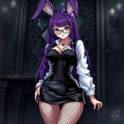 A sexy gothic anime bunny girl characterized by her long, vibrant purple hair styled dramatically, complemented by trendy glasses that add to her charm