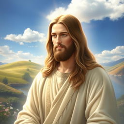 A serene and majestic depiction of Jesus Christ, surrounded by soft, ethereal light and a tranquil landscape