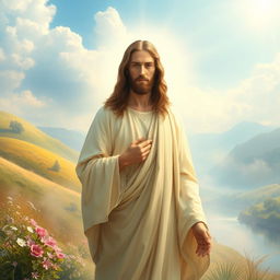 A serene and majestic depiction of Jesus Christ, surrounded by soft, ethereal light and a tranquil landscape
