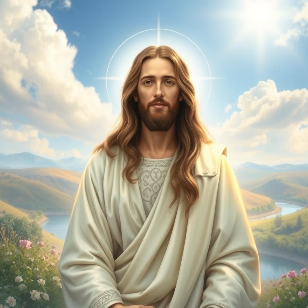 A serene and majestic depiction of Jesus Christ, surrounded by soft, ethereal light and a tranquil landscape