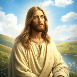 A serene and majestic depiction of Jesus Christ, surrounded by soft, ethereal light and a tranquil landscape