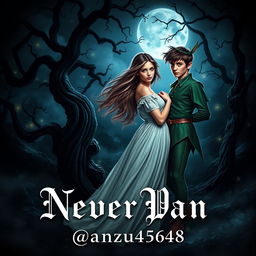 A captivating dark romance book cover featuring Wendy and Peter Pan in a hauntingly beautiful setting