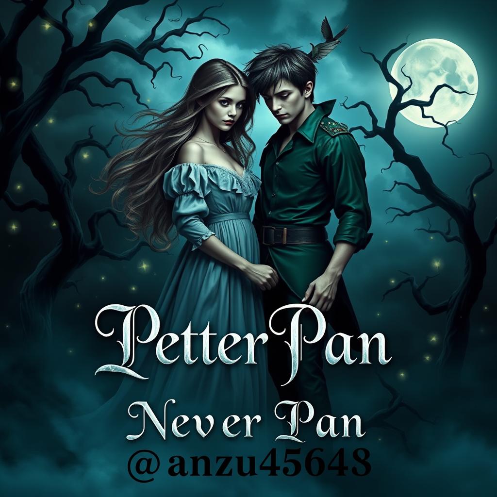 A captivating dark romance book cover featuring Wendy and Peter Pan in a hauntingly beautiful setting