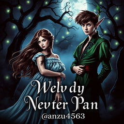A captivating dark romance book cover featuring Wendy and Peter Pan in a hauntingly beautiful setting