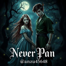 A captivating dark romance book cover featuring Wendy and Peter Pan in a hauntingly beautiful setting
