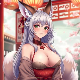 A sexy anime girl depicted as a Kitsune, featuring beautiful fox-like traits such as elegant ears and a fluffy tail
