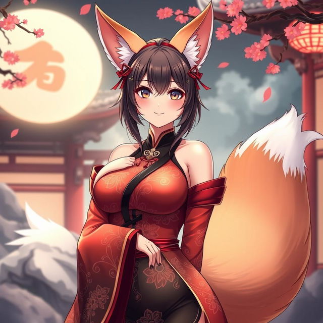 A sexy anime girl depicted as a Kitsune, featuring beautiful fox-like traits such as elegant ears and a fluffy tail