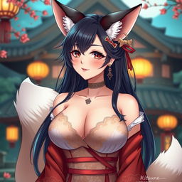 A sexy anime girl depicted as a Kitsune, featuring beautiful fox-like traits such as elegant ears and a fluffy tail