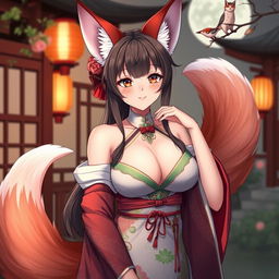 A sexy anime girl depicted as a Kitsune, featuring beautiful fox-like traits such as elegant ears and a fluffy tail