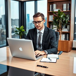 A professional person dressed in business attire, sitting at a modern office desk with a laptop open in front of them