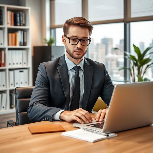 A professional person dressed in business attire, sitting at a modern office desk with a laptop open in front of them