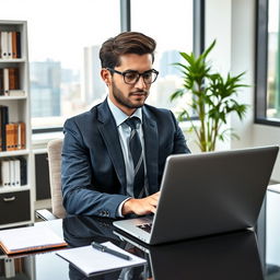A professional person dressed in business attire, sitting at a modern office desk with a laptop open in front of them