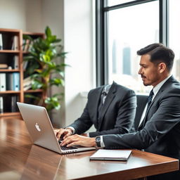 A professional person dressed in business attire, sitting at a modern office desk with a laptop open in front of them