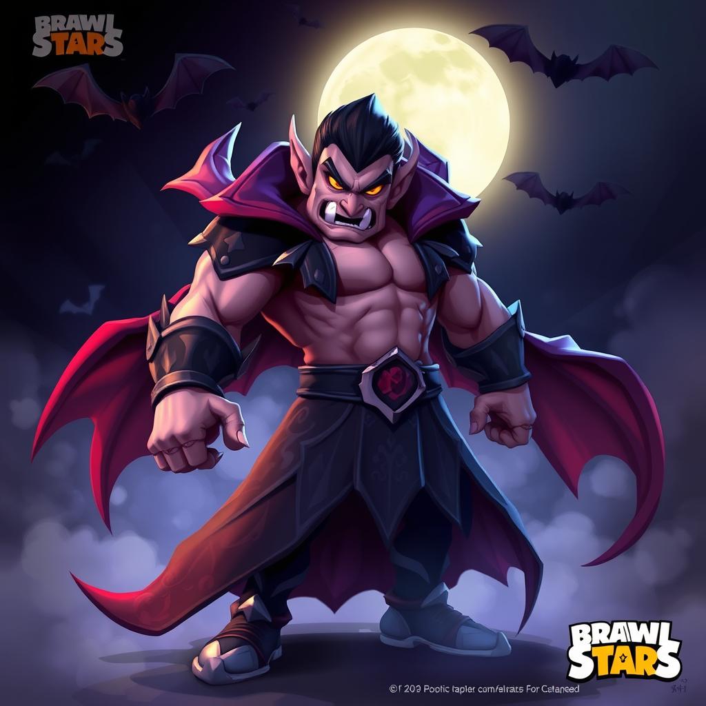 A vibrant and dynamic digital art piece of a vampire character from Brawl Stars, featuring a muscular, rugged vampire with sharp fangs, wearing an elaborate black cloak adorned with ornate patterns
