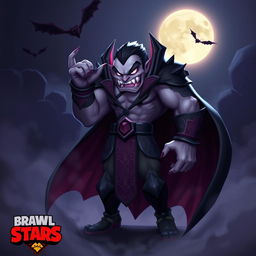 A vibrant and dynamic digital art piece of a vampire character from Brawl Stars, featuring a muscular, rugged vampire with sharp fangs, wearing an elaborate black cloak adorned with ornate patterns
