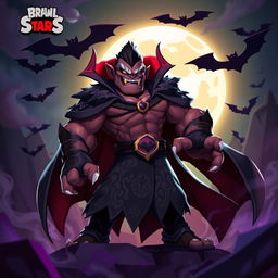 A vibrant and dynamic digital art piece of a vampire character from Brawl Stars, featuring a muscular, rugged vampire with sharp fangs, wearing an elaborate black cloak adorned with ornate patterns