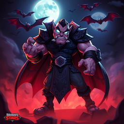 A vibrant and dynamic digital art piece of a vampire character from Brawl Stars, featuring a muscular, rugged vampire with sharp fangs, wearing an elaborate black cloak adorned with ornate patterns