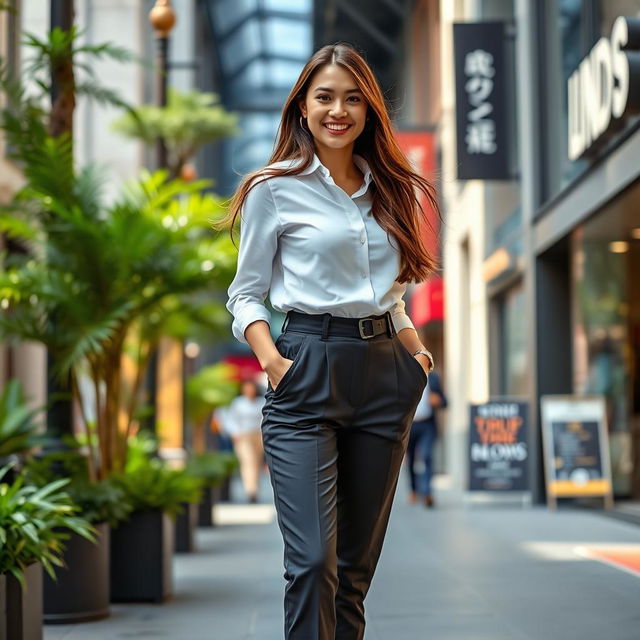 A stylish young woman confidently poses in a modern urban setting, wearing a crisp white shirt tucked into high-waisted tailored trousers