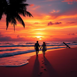 A vibrant sunset over a tranquil beach, with waves gently lapping at the shore