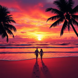 A vibrant sunset over a tranquil beach, with waves gently lapping at the shore