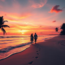 A vibrant sunset over a tranquil beach, with waves gently lapping at the shore