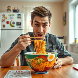 A humorous scene featuring a young man sitting at a dining table, exaggeratedly attempting to eat a bowl of instant noodles using only his nose