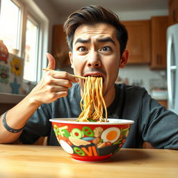 A humorous scene featuring a young man sitting at a dining table, exaggeratedly attempting to eat a bowl of instant noodles using only his nose