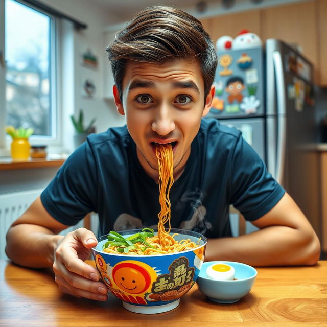 A humorous scene featuring a young man sitting at a dining table, exaggeratedly attempting to eat a bowl of instant noodles using only his nose