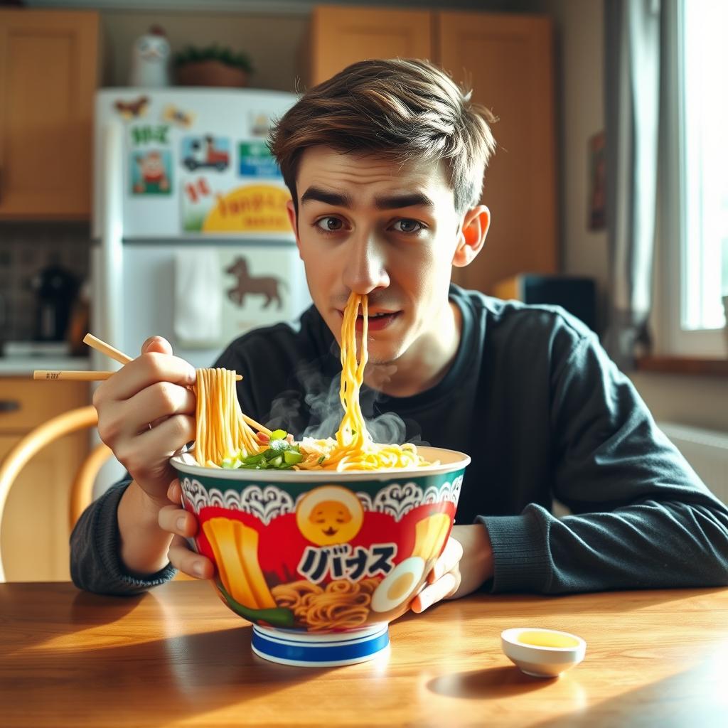 A humorous scene featuring a young man sitting at a dining table, exaggeratedly attempting to eat a bowl of instant noodles using only his nose