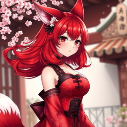 A sexy anime girl depicted as a Kitsune, featuring striking red shoulder-length hair that flows beautifully