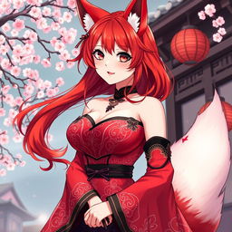 A sexy anime girl depicted as a Kitsune, featuring striking red shoulder-length hair that flows beautifully